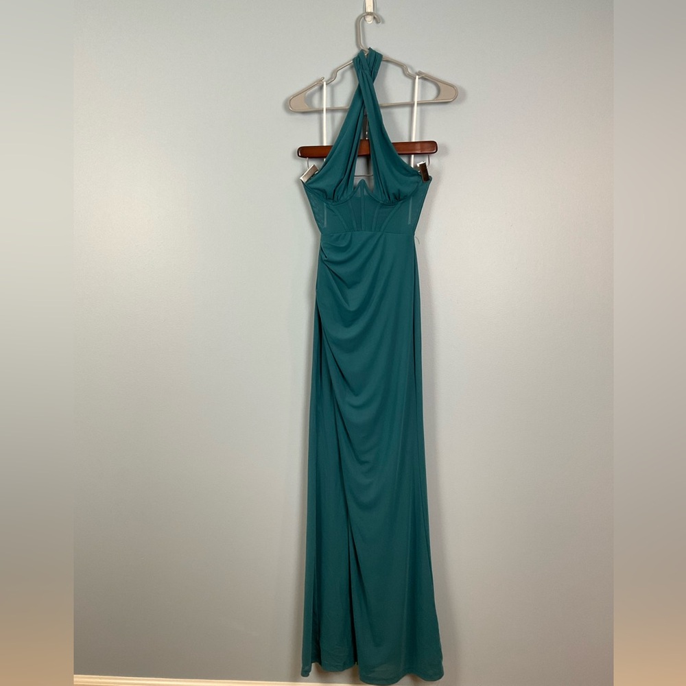 Teal/ turquoise Lulu’s floor length sheer mess corset halter dress with slit